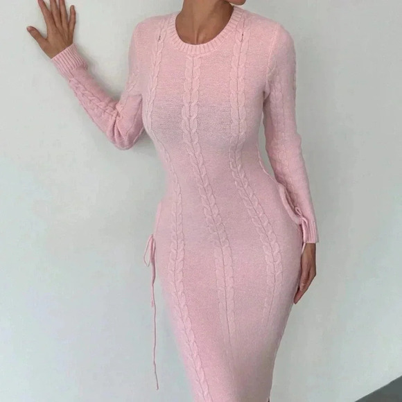Pink Elegant Women's Warm Cinched Waist Knitted Dress - Picture 8 of 8